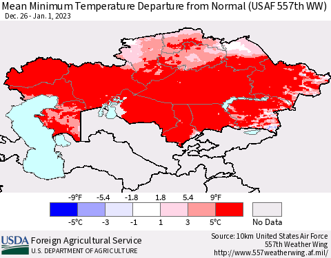 Kazakhstan Mean Minimum Temperature Departure from Normal (USAF 557th WW) Thematic Map For 12/26/2022 - 1/1/2023