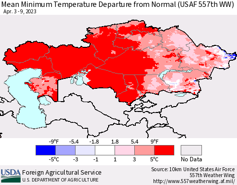 Kazakhstan Mean Minimum Temperature Departure from Normal (USAF 557th WW) Thematic Map For 4/3/2023 - 4/9/2023