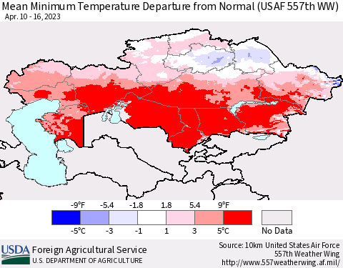 Kazakhstan Mean Minimum Temperature Departure from Normal (USAF 557th WW) Thematic Map For 4/10/2023 - 4/16/2023