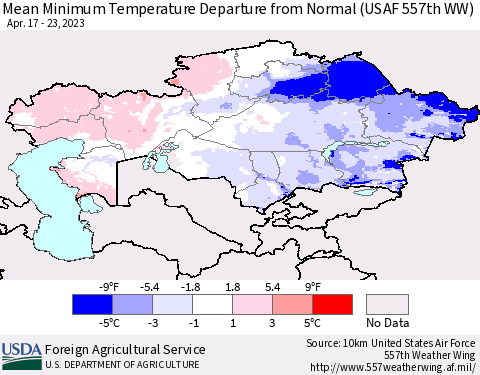Kazakhstan Mean Minimum Temperature Departure from Normal (USAF 557th WW) Thematic Map For 4/17/2023 - 4/23/2023