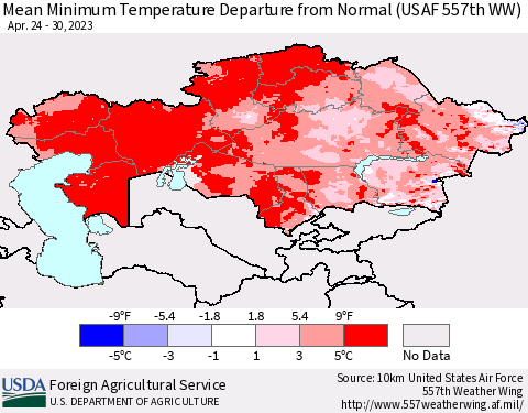 Kazakhstan Mean Minimum Temperature Departure from Normal (USAF 557th WW) Thematic Map For 4/24/2023 - 4/30/2023