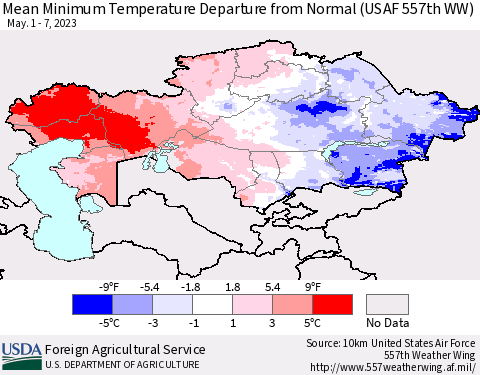 Kazakhstan Mean Minimum Temperature Departure from Normal (USAF 557th WW) Thematic Map For 5/1/2023 - 5/7/2023