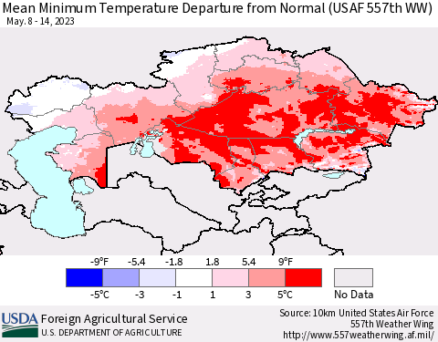 Kazakhstan Mean Minimum Temperature Departure from Normal (USAF 557th WW) Thematic Map For 5/8/2023 - 5/14/2023