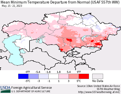 Kazakhstan Mean Minimum Temperature Departure from Normal (USAF 557th WW) Thematic Map For 5/15/2023 - 5/21/2023