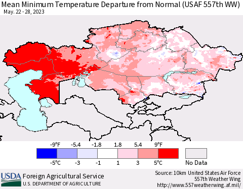 Kazakhstan Mean Minimum Temperature Departure from Normal (USAF 557th WW) Thematic Map For 5/22/2023 - 5/28/2023