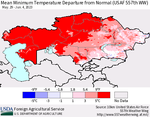 Kazakhstan Mean Minimum Temperature Departure from Normal (USAF 557th WW) Thematic Map For 5/29/2023 - 6/4/2023