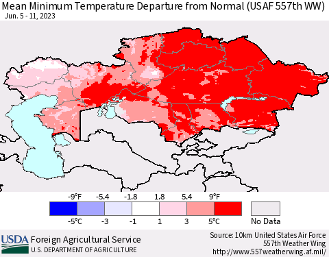 Kazakhstan Mean Minimum Temperature Departure from Normal (USAF 557th WW) Thematic Map For 6/5/2023 - 6/11/2023