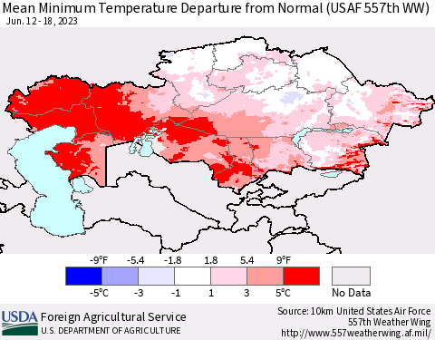 Kazakhstan Mean Minimum Temperature Departure from Normal (USAF 557th WW) Thematic Map For 6/12/2023 - 6/18/2023