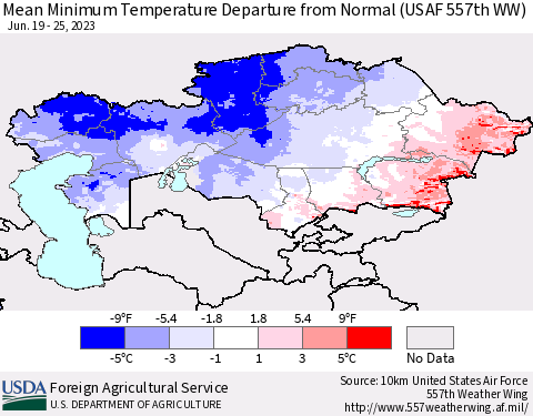 Kazakhstan Mean Minimum Temperature Departure from Normal (USAF 557th WW) Thematic Map For 6/19/2023 - 6/25/2023