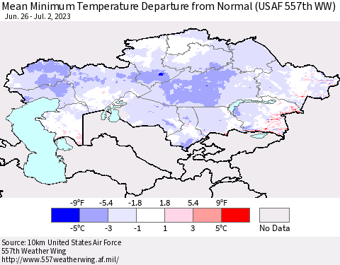 Kazakhstan Mean Minimum Temperature Departure from Normal (USAF 557th WW) Thematic Map For 6/26/2023 - 7/2/2023
