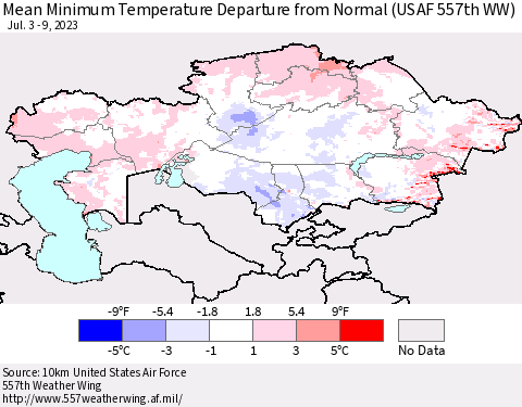 Kazakhstan Mean Minimum Temperature Departure from Normal (USAF 557th WW) Thematic Map For 7/3/2023 - 7/9/2023