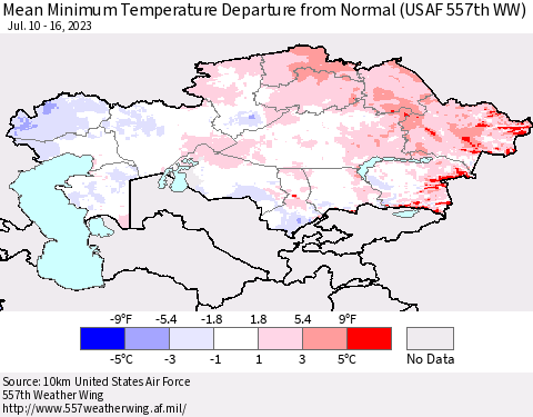 Kazakhstan Mean Minimum Temperature Departure from Normal (USAF 557th WW) Thematic Map For 7/10/2023 - 7/16/2023