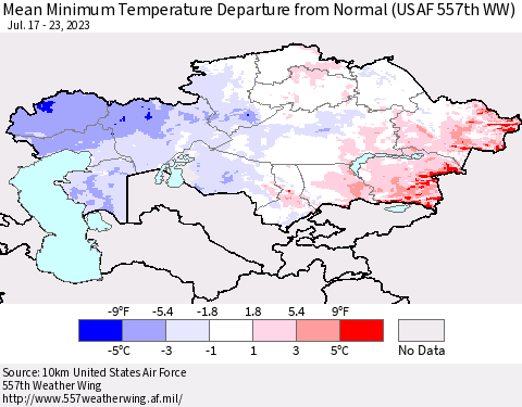 Kazakhstan Mean Minimum Temperature Departure from Normal (USAF 557th WW) Thematic Map For 7/17/2023 - 7/23/2023