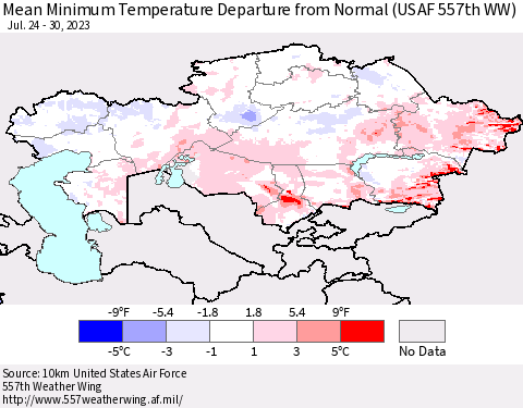 Kazakhstan Mean Minimum Temperature Departure from Normal (USAF 557th WW) Thematic Map For 7/24/2023 - 7/30/2023