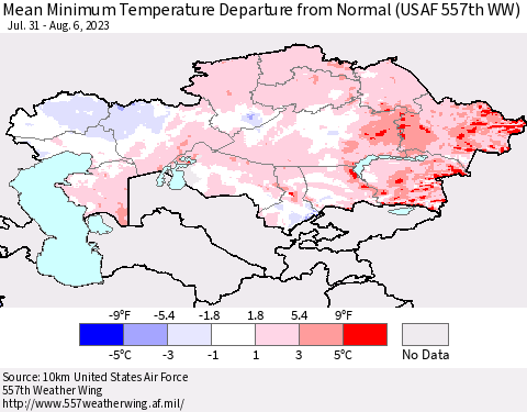 Kazakhstan Mean Minimum Temperature Departure from Normal (USAF 557th WW) Thematic Map For 7/31/2023 - 8/6/2023