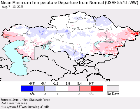Kazakhstan Mean Minimum Temperature Departure from Normal (USAF 557th WW) Thematic Map For 8/7/2023 - 8/13/2023