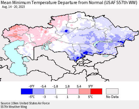 Kazakhstan Mean Minimum Temperature Departure from Normal (USAF 557th WW) Thematic Map For 8/14/2023 - 8/20/2023