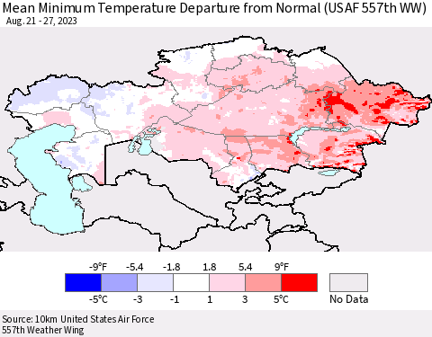Kazakhstan Mean Minimum Temperature Departure from Normal (USAF 557th WW) Thematic Map For 8/21/2023 - 8/27/2023