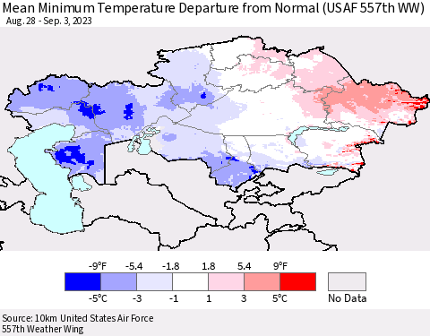 Kazakhstan Mean Minimum Temperature Departure from Normal (USAF 557th WW) Thematic Map For 8/28/2023 - 9/3/2023