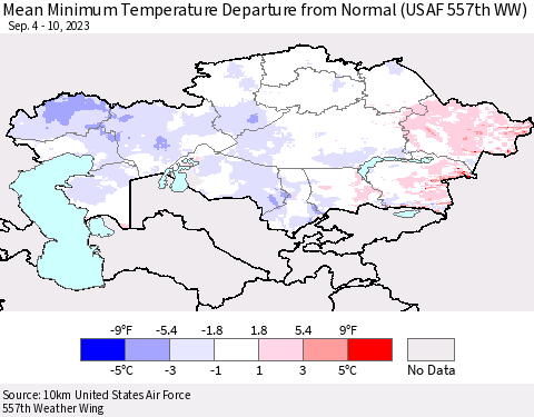 Kazakhstan Mean Minimum Temperature Departure from Normal (USAF 557th WW) Thematic Map For 9/4/2023 - 9/10/2023