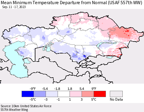 Kazakhstan Mean Minimum Temperature Departure from Normal (USAF 557th WW) Thematic Map For 9/11/2023 - 9/17/2023