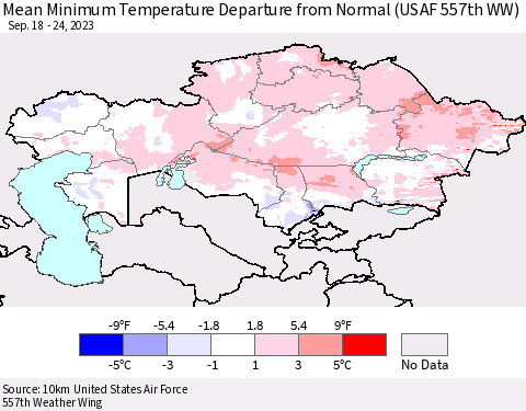 Kazakhstan Mean Minimum Temperature Departure from Normal (USAF 557th WW) Thematic Map For 9/18/2023 - 9/24/2023