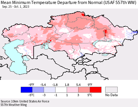 Kazakhstan Mean Minimum Temperature Departure from Normal (USAF 557th WW) Thematic Map For 9/25/2023 - 10/1/2023