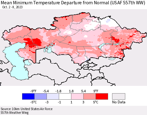 Kazakhstan Mean Minimum Temperature Departure from Normal (USAF 557th WW) Thematic Map For 10/2/2023 - 10/8/2023