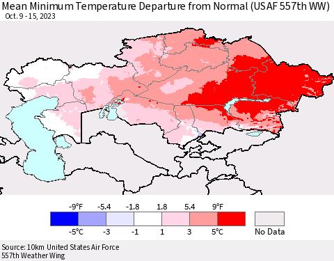 Kazakhstan Mean Minimum Temperature Departure from Normal (USAF 557th WW) Thematic Map For 10/9/2023 - 10/15/2023