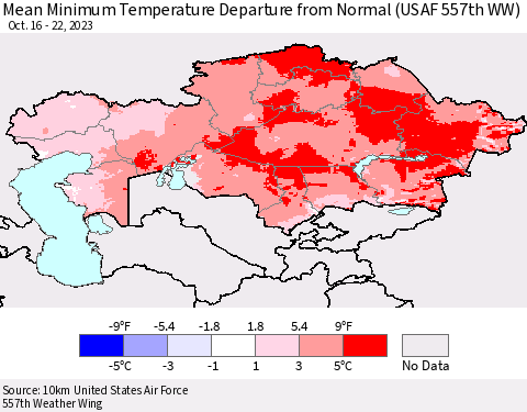 Kazakhstan Mean Minimum Temperature Departure from Normal (USAF 557th WW) Thematic Map For 10/16/2023 - 10/22/2023