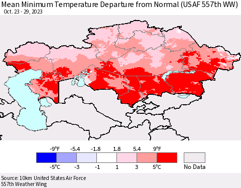 Kazakhstan Mean Minimum Temperature Departure from Normal (USAF 557th WW) Thematic Map For 10/23/2023 - 10/29/2023