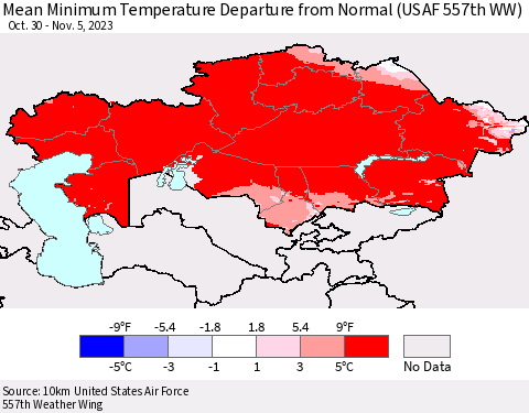 Kazakhstan Mean Minimum Temperature Departure from Normal (USAF 557th WW) Thematic Map For 10/30/2023 - 11/5/2023
