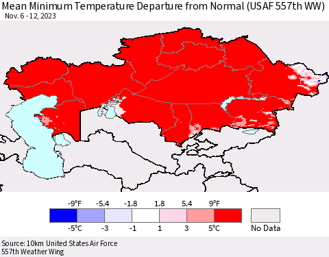 Kazakhstan Mean Minimum Temperature Departure from Normal (USAF 557th WW) Thematic Map For 11/6/2023 - 11/12/2023