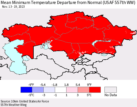 Kazakhstan Mean Minimum Temperature Departure from Normal (USAF 557th WW) Thematic Map For 11/13/2023 - 11/19/2023