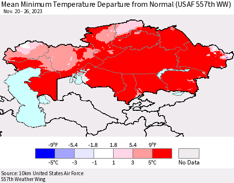 Kazakhstan Mean Minimum Temperature Departure from Normal (USAF 557th WW) Thematic Map For 11/20/2023 - 11/26/2023