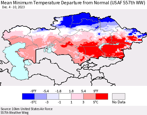 Kazakhstan Mean Minimum Temperature Departure from Normal (USAF 557th WW) Thematic Map For 12/4/2023 - 12/10/2023