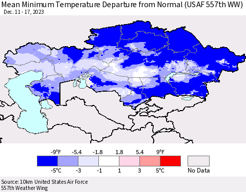 Kazakhstan Mean Minimum Temperature Departure from Normal (USAF 557th WW) Thematic Map For 12/11/2023 - 12/17/2023