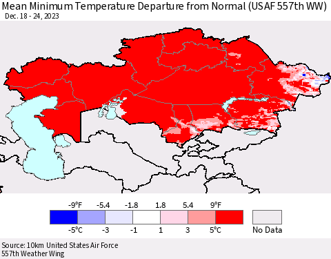 Kazakhstan Mean Minimum Temperature Departure from Normal (USAF 557th WW) Thematic Map For 12/18/2023 - 12/24/2023