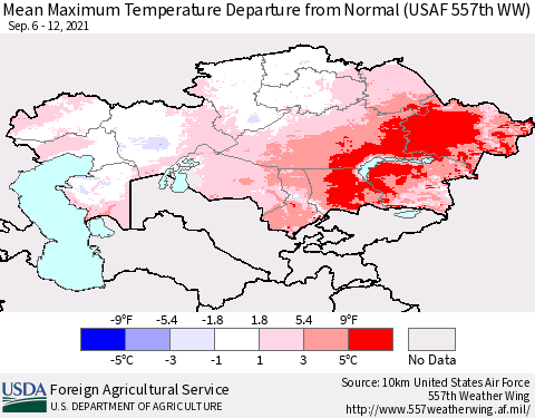 Kazakhstan Mean Maximum Temperature Departure from Normal (USAF 557th WW) Thematic Map For 9/6/2021 - 9/12/2021