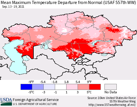 Kazakhstan Mean Maximum Temperature Departure from Normal (USAF 557th WW) Thematic Map For 9/13/2021 - 9/19/2021
