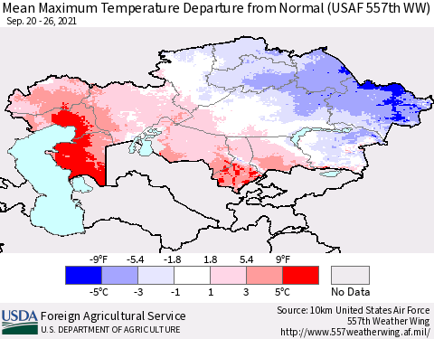 Kazakhstan Mean Maximum Temperature Departure from Normal (USAF 557th WW) Thematic Map For 9/20/2021 - 9/26/2021