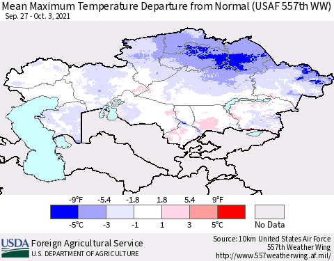 Kazakhstan Mean Maximum Temperature Departure from Normal (USAF 557th WW) Thematic Map For 9/27/2021 - 10/3/2021
