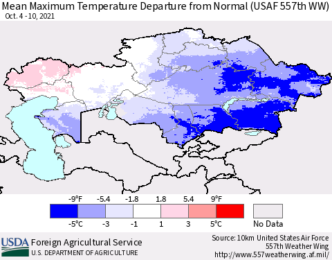 Kazakhstan Mean Maximum Temperature Departure from Normal (USAF 557th WW) Thematic Map For 10/4/2021 - 10/10/2021