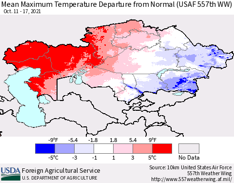 Kazakhstan Mean Maximum Temperature Departure from Normal (USAF 557th WW) Thematic Map For 10/11/2021 - 10/17/2021