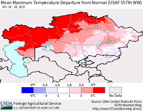 Kazakhstan Mean Maximum Temperature Departure from Normal (USAF 557th WW) Thematic Map For 10/18/2021 - 10/24/2021