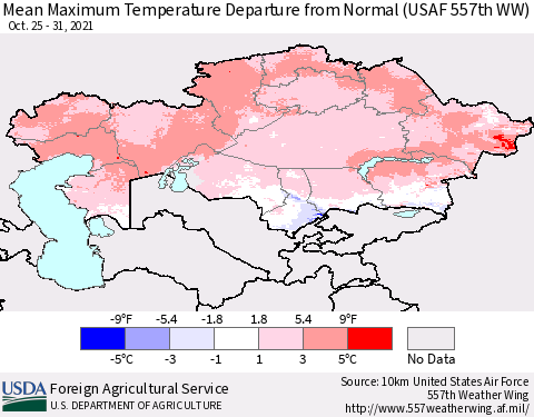 Kazakhstan Mean Maximum Temperature Departure from Normal (USAF 557th WW) Thematic Map For 10/25/2021 - 10/31/2021