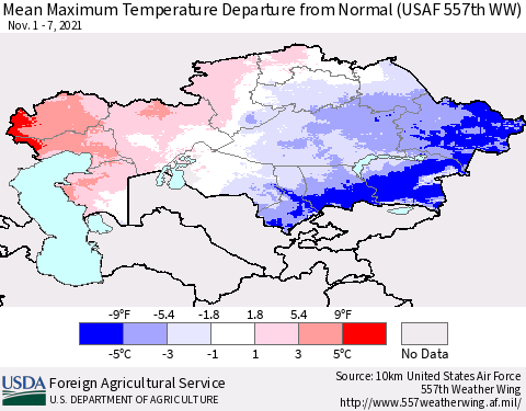 Kazakhstan Mean Maximum Temperature Departure from Normal (USAF 557th WW) Thematic Map For 11/1/2021 - 11/7/2021