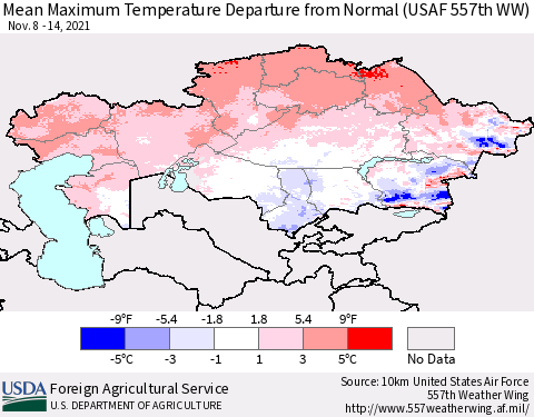 Kazakhstan Mean Maximum Temperature Departure from Normal (USAF 557th WW) Thematic Map For 11/8/2021 - 11/14/2021