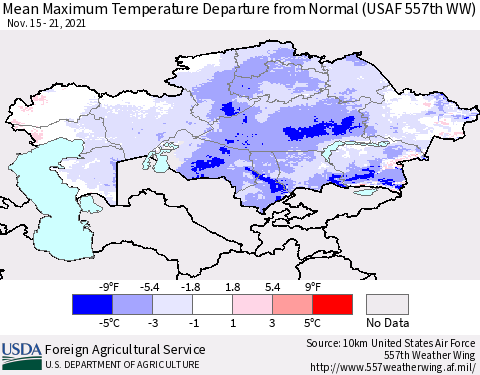 Kazakhstan Mean Maximum Temperature Departure from Normal (USAF 557th WW) Thematic Map For 11/15/2021 - 11/21/2021