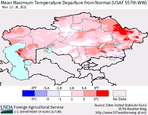 Kazakhstan Mean Maximum Temperature Departure from Normal (USAF 557th WW) Thematic Map For 11/22/2021 - 11/28/2021